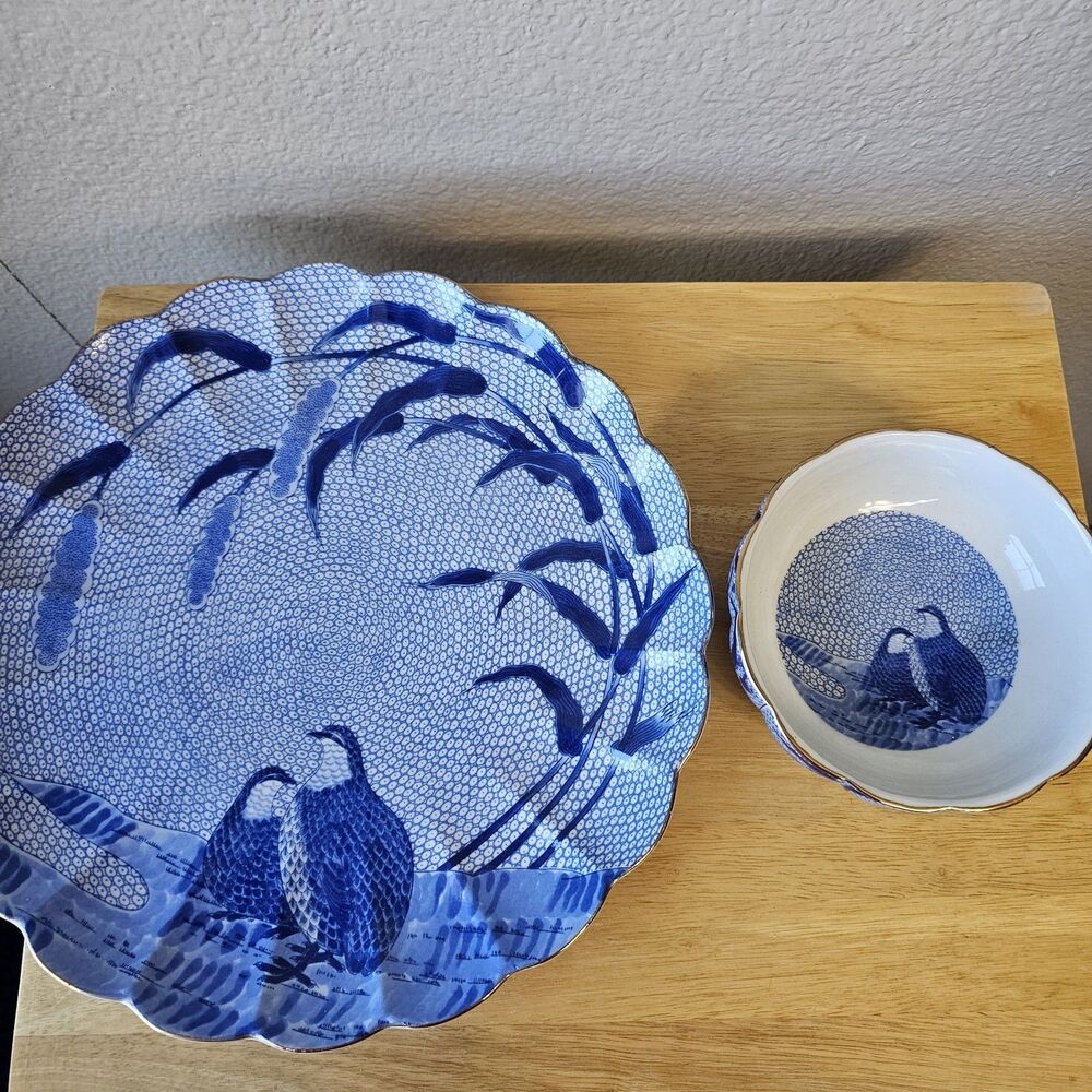 Arita Blue Chinese Quail Fine Porcelain Set Large Charger Plate and Serving Bowl